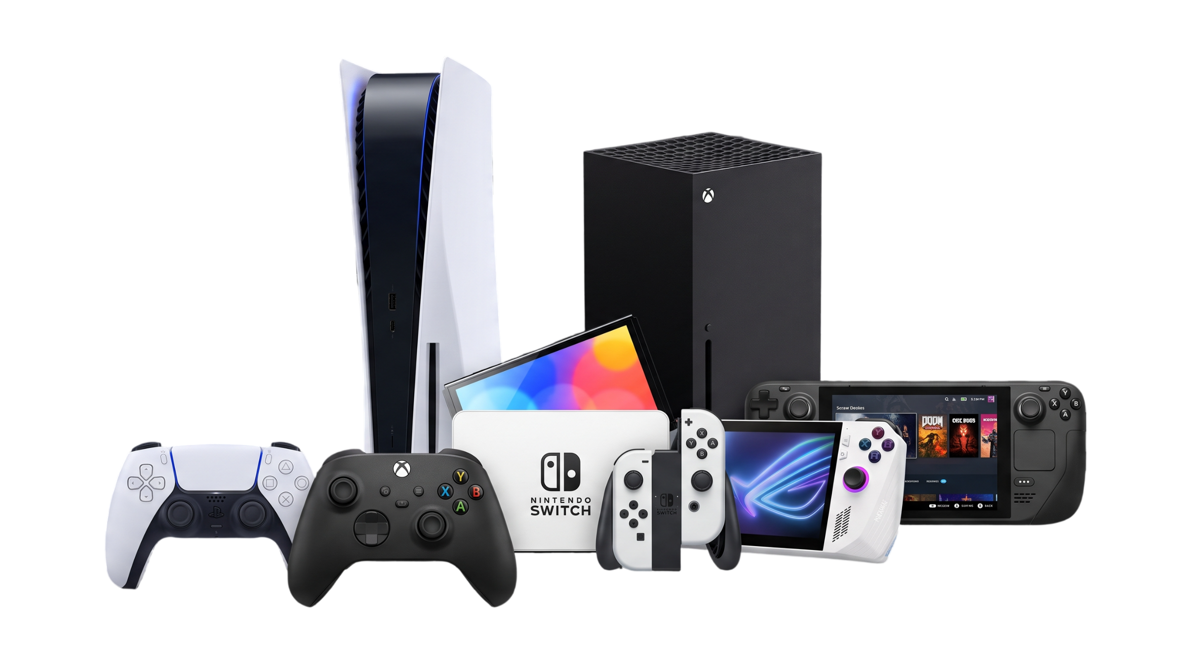 Consolas PlayStation, Xbox, Nintendo Switch, ROG Ally y Steam Deck representando los equipos atendidos por Gammers Style
